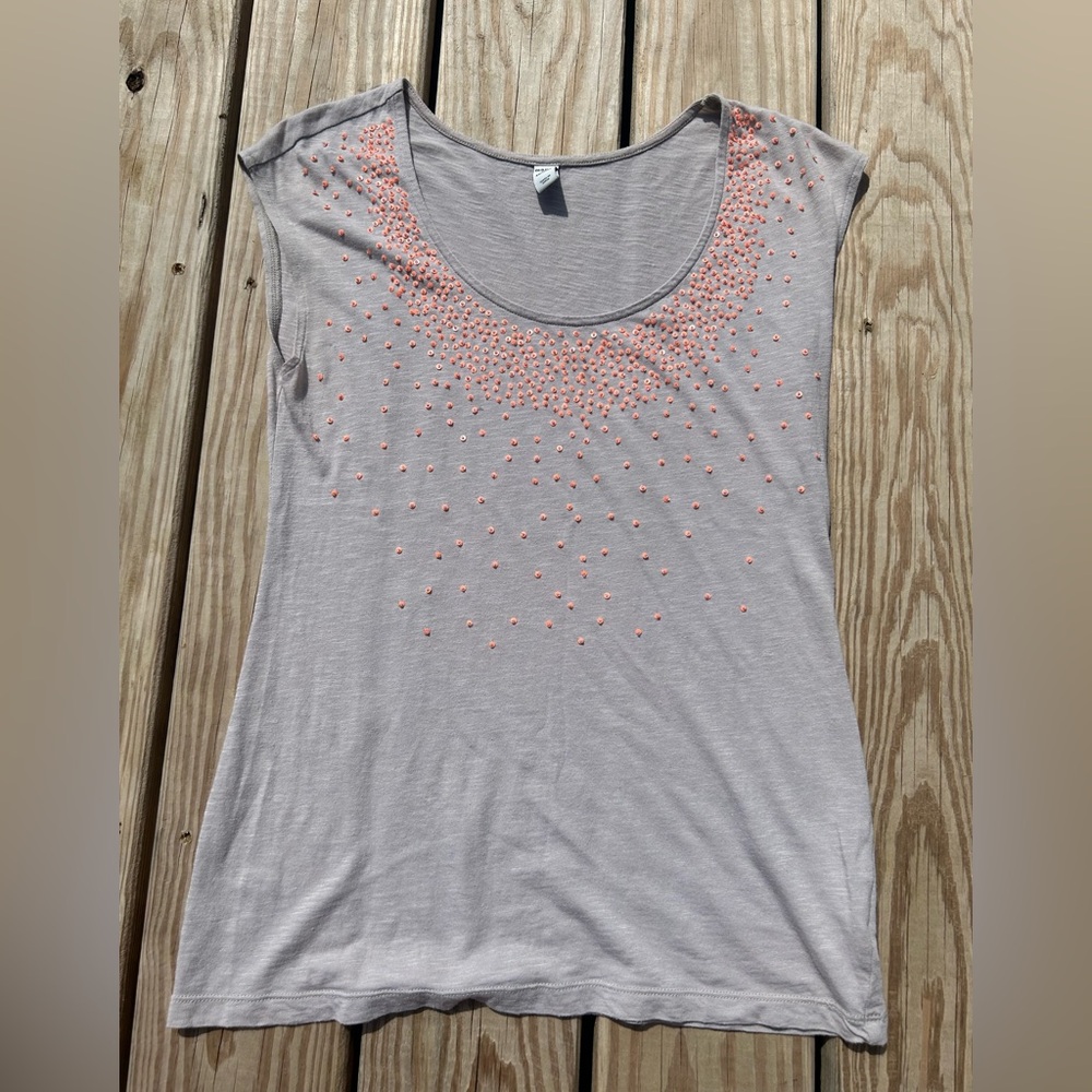 Old Navy Gray Neon Orange Beaded Neckline Tank Top Womens XS  Sleeveless‎ Casual
